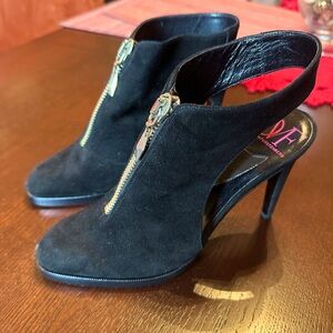 Size 7 Diane Von Furstenberg black suede sling backs with zipper
